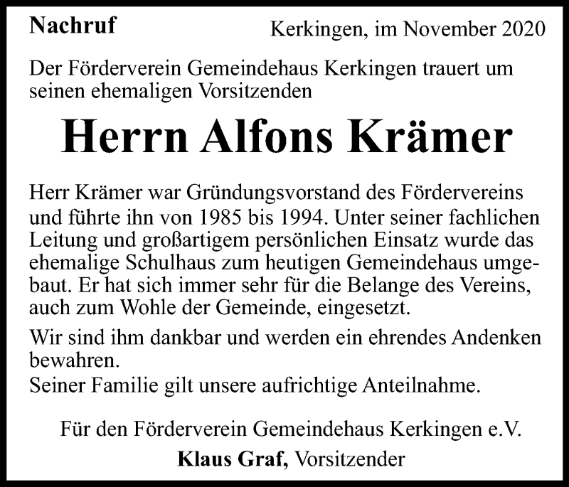  Traueranzeige für Alfons Krämer vom 12.11.2020 aus Schwäbische Post