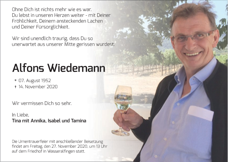  Traueranzeige für Alfons Wiedemann vom 20.11.2020 aus Schwäbische Post