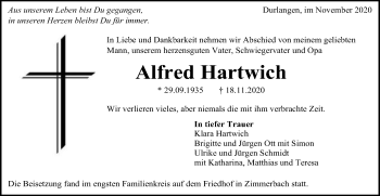 Traueranzeige von Alfred Hartwich von Gmünder Tagespost