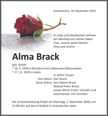 Traueranzeige von Alma Brack von Schwäbische Post