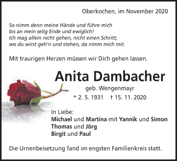 Traueranzeige von Anita Dambacher von Schwäbische Post