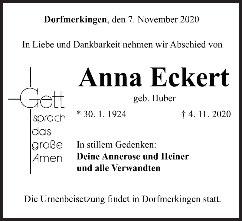  Traueranzeige für Anna Eckert vom 07.11.2020 aus Schwäbische Post