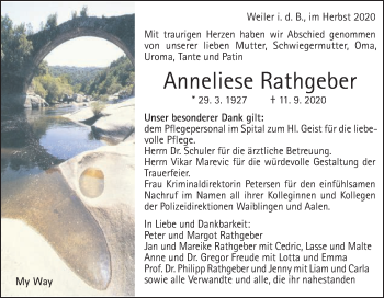 Traueranzeige von Anneliese Rathgeber von Gmünder Tagespost