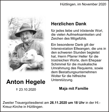 Traueranzeige von Anton Hegele  von Schwäbische Post