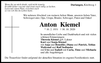 Traueranzeige von Anton Kiemel von Gmünder Tagespost