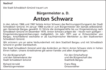 Traueranzeige von Anton Schwarz  von Gmünder Tagespost
