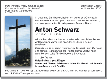 Traueranzeige von Anton Schwarz  von Gmünder Tagespost