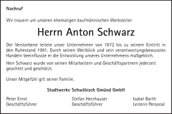 Traueranzeige von Anton Schwarz  von Gmünder Tagespost