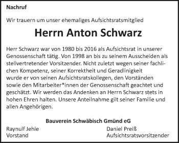 Traueranzeige von Anton Schwarz  von Gmünder Tagespost
