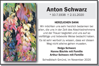 Traueranzeige von Anton Schwarz  von Gmünder Tagespost