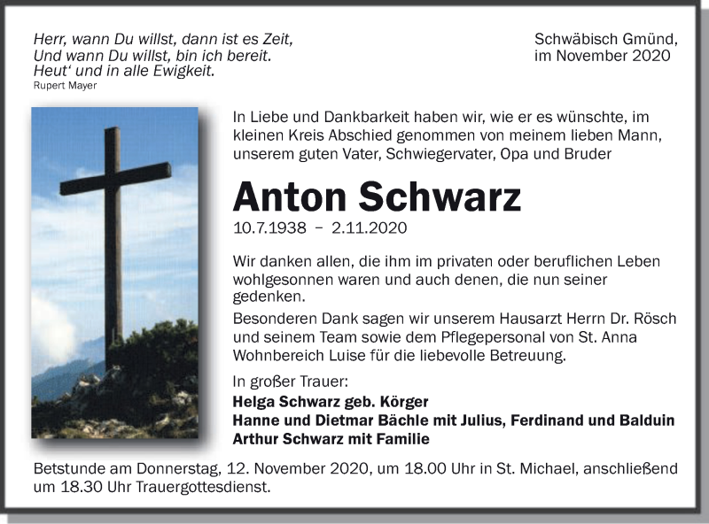  Traueranzeige für Anton Schwarz  vom 09.11.2020 aus Gmünder Tagespost