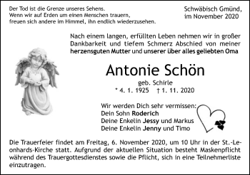 Traueranzeige von Antonie Schön von Gmünder Tagespost