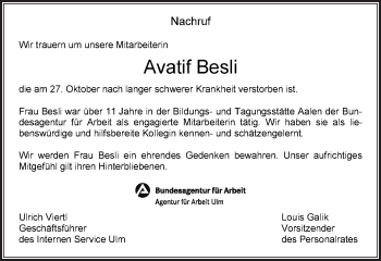 Traueranzeige von Avatif Besli von Schwäbische Post