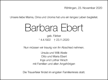 Traueranzeige von Barbara Ebert von Schwäbische Post