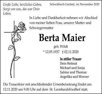 Traueranzeige von Berta Maier von Gmünder Tagespost