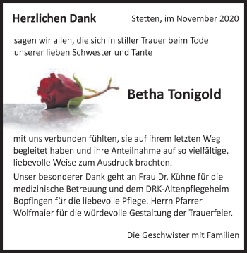 Traueranzeige von Betha Tonigold von Schwäbische Post