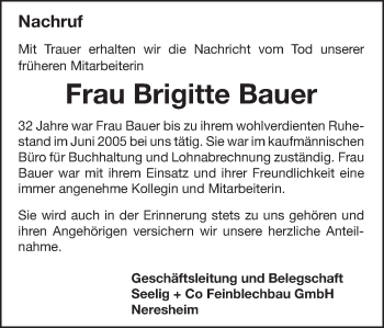 Traueranzeige von Brigitte Bauer von Schwäbische Post