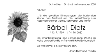 Traueranzeige von Bärbel Dietz von Gmünder Tagespost