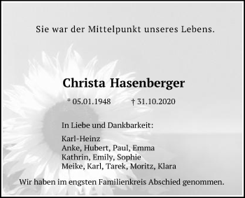 Traueranzeige von Christa Hasenberger von Schwäbische Post