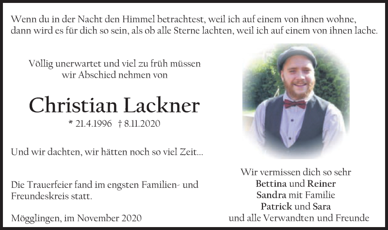  Traueranzeige für Christian Lackner vom 14.11.2020 aus Gmünder Tagespost