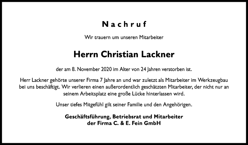  Traueranzeige für Christian Lackner vom 17.11.2020 aus Gmünder Tagespost