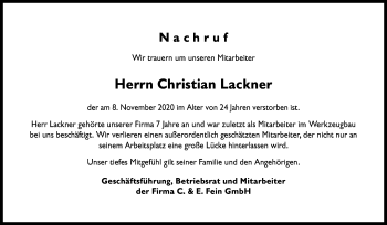 Traueranzeige von Christian Lackner von Gmünder Tagespost