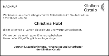Traueranzeige von Christina Hübl von Gmünder Tagespost