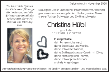 Traueranzeige von Christina Hübl von Gmünder Tagespost