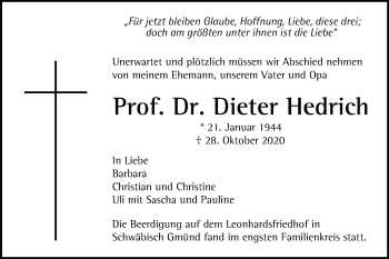 Traueranzeige von Dieter Hedrich von Gmünder Tagespost