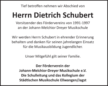 Traueranzeige von Dietrich Schubert von Schwäbische Post