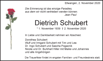 Traueranzeige von Dietrich Schubert von Schwäbische Post