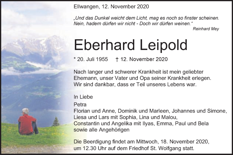  Traueranzeige für Eberhard Leipold vom 14.11.2020 aus Schwäbische Post