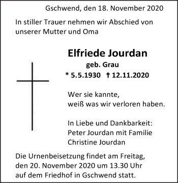 Traueranzeige von Elfriede Jourdan von Gmünder Tagespost