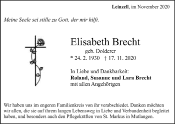 Traueranzeige von Elisabeth Brecht von Gmünder Tagespost