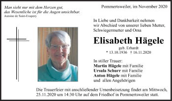 Traueranzeige von Elisabeth Hägele von Schwäbische Post
