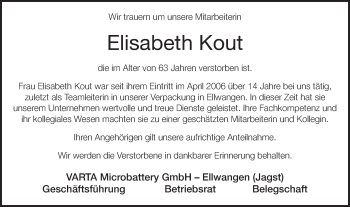 Traueranzeige von Elisabeth Kout von Schwäbische Post