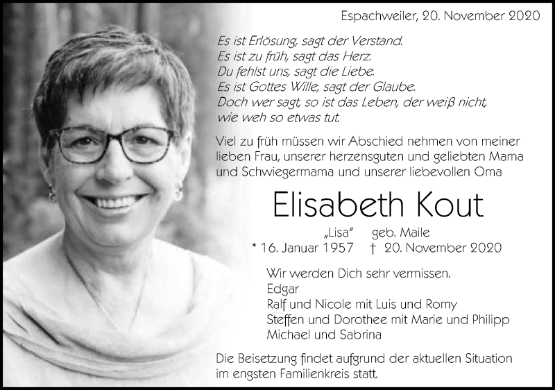 Traueranzeige für Elisabeth Kout vom 25.11.2020 aus Schwäbische Post
