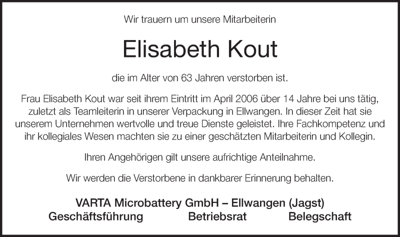  Traueranzeige für Elisabeth Kout vom 26.11.2020 aus Schwäbische Post