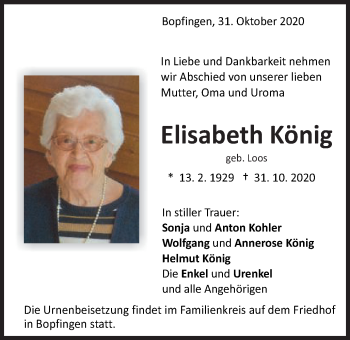 Traueranzeige von Elisabeth König von Schwäbische Post