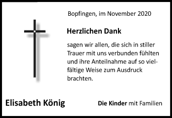 Traueranzeige von Elisabeth König von Bopfinger Stadtanzeiger