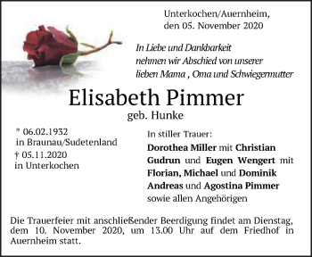 Traueranzeige von Elisabeth Pimmer von Schwäbische Post