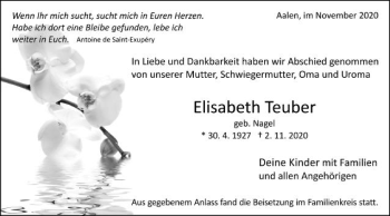 Traueranzeige von Elisabeth Teeber von Schwäbische Post