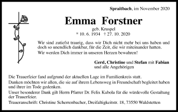 Traueranzeige von Emma Forstner von Gmünder Tagespost