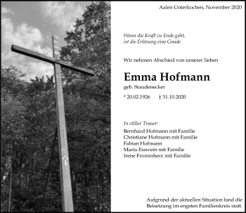 Traueranzeige von Emma Hofmann von Schwäbische Post