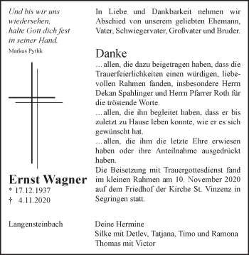 Traueranzeige von Ernst Wagner von Schwäbische Post