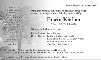 Traueranzeige von Erwin Kiefner von Schwäbische Post