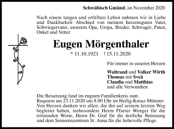 Traueranzeige von Eugen Mörgenthaler von Gmünder Tagespost
