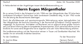 Traueranzeige von Eugen Mörgenthaler von Gmünder Tagespost