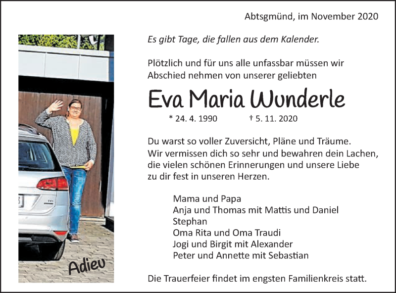  Traueranzeige für Eva Maria Wunderle vom 13.11.2020 aus Schwäbische Post