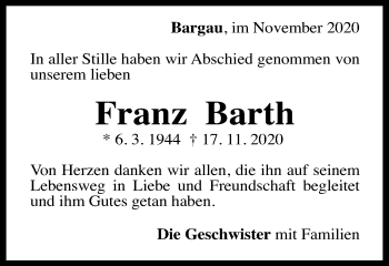 Traueranzeige von Franz Barth von Gmünder Tagespost